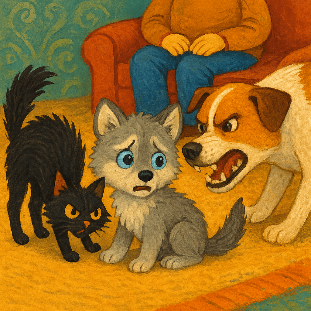 Волчонок испуганно смотрит на кота и пса, а человек наблюдает.