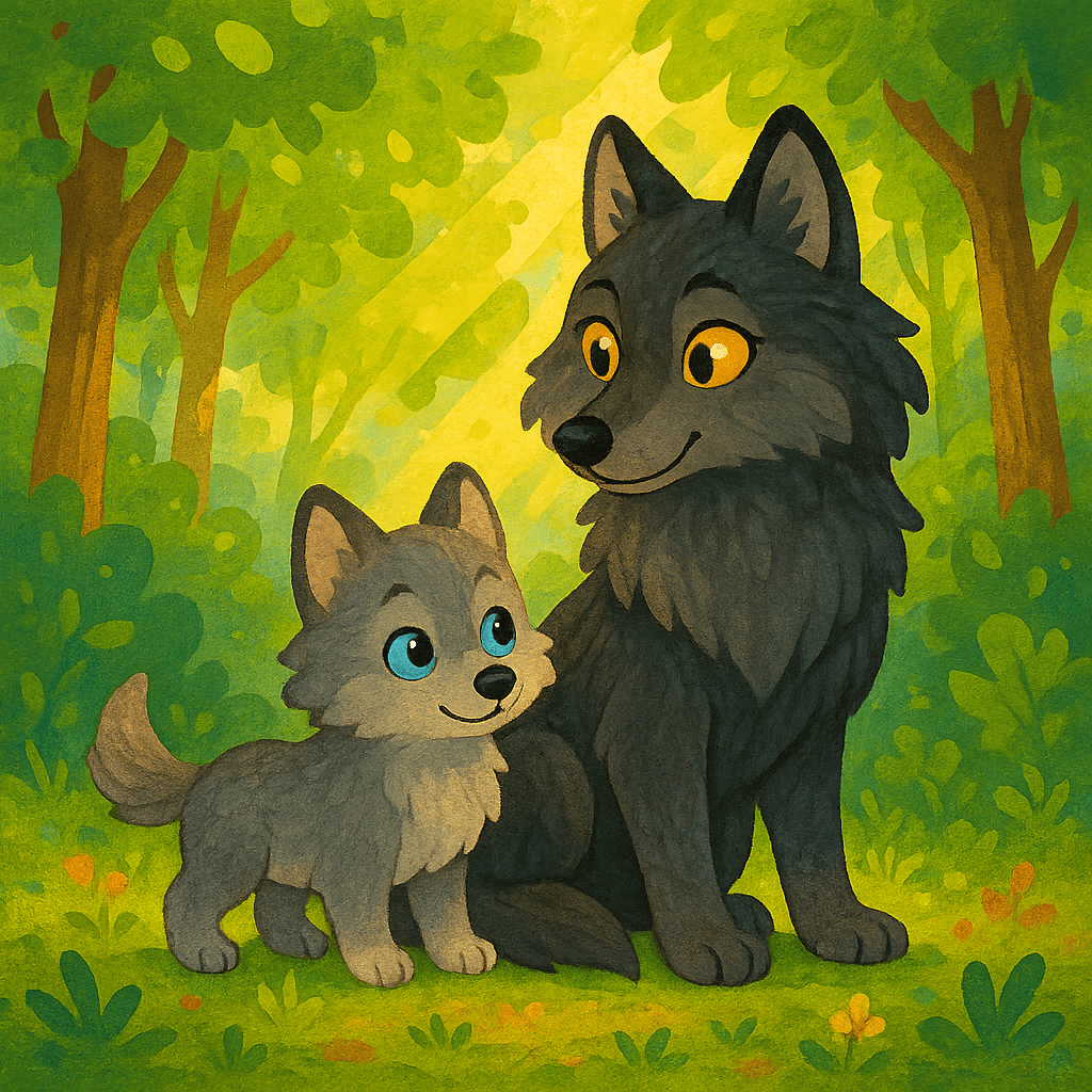 Волчонок с мамой в лесу.