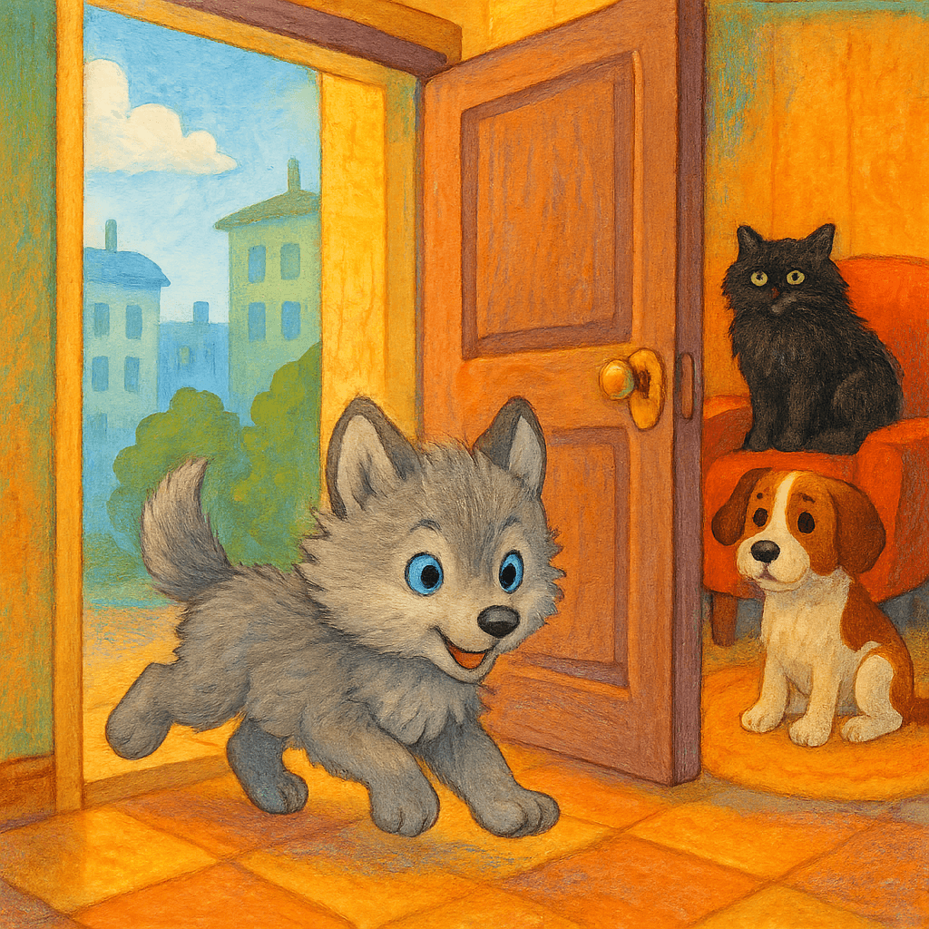 Волчонок убегает через открытую дверь из квартиры.