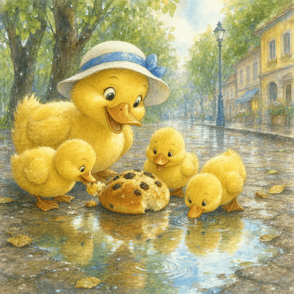 Мама-утка и утята едят булочку и пьют воду из лужи.