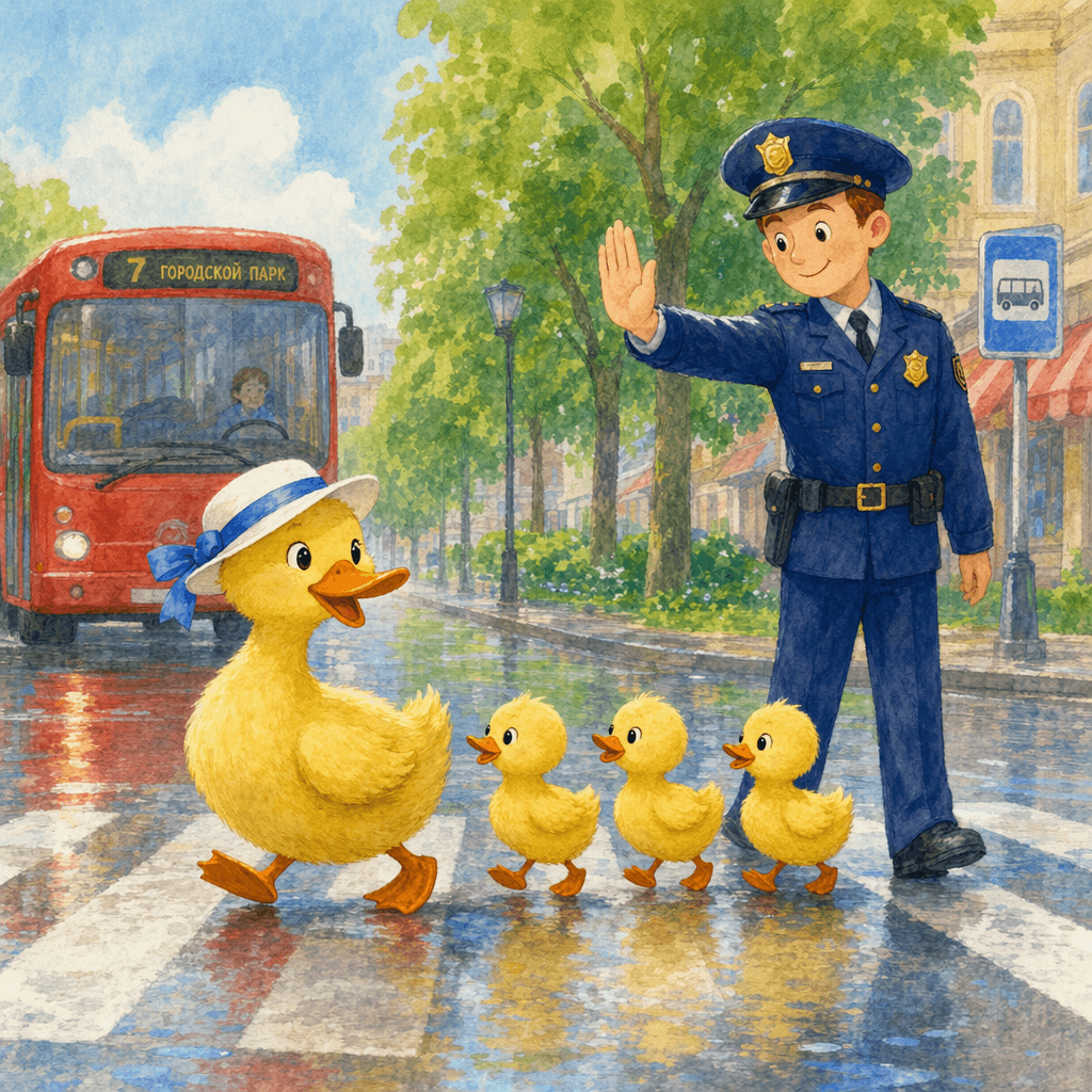 Мама-утка с утятами переходят дорогу, их пропускает полисмен.