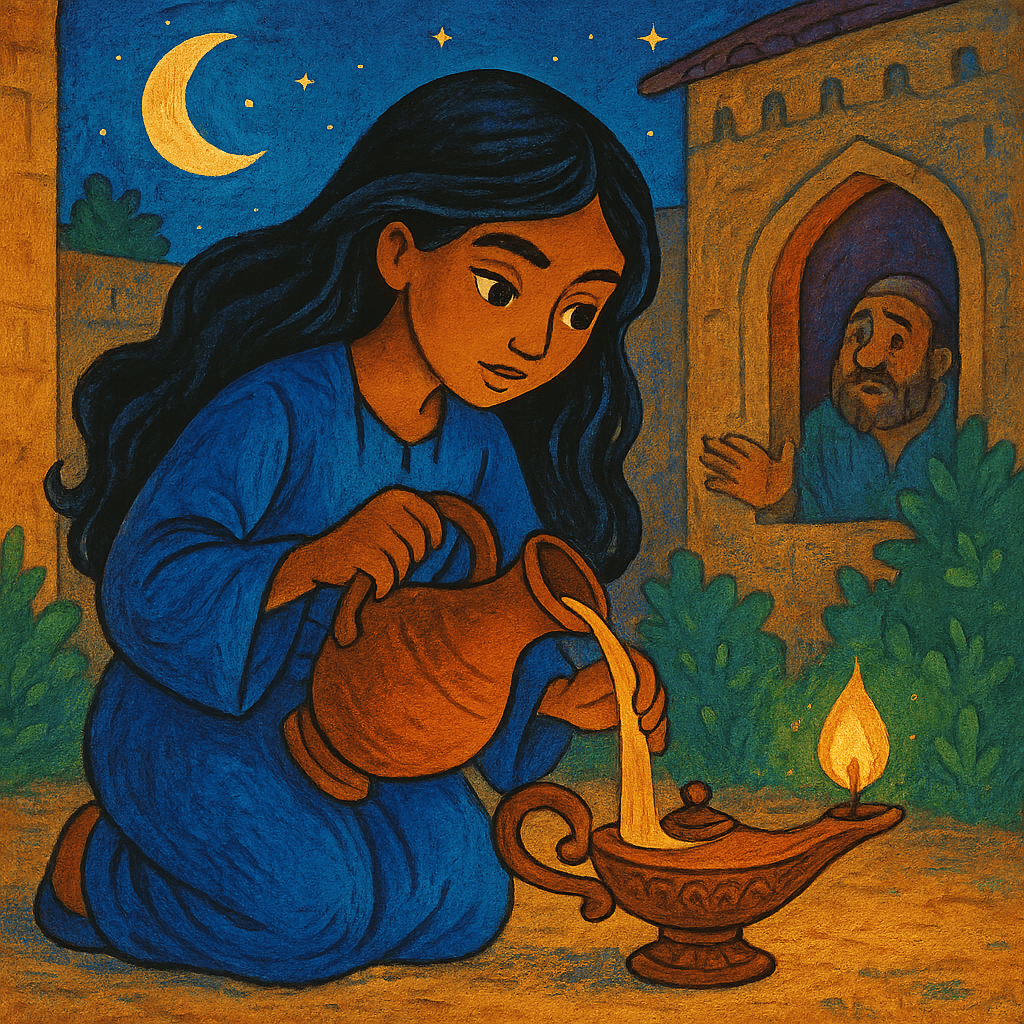 Марджана ночью со светильником у кувшинов во дворе