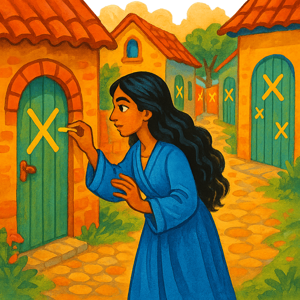 Марджана рисует крестики у ворот на улице