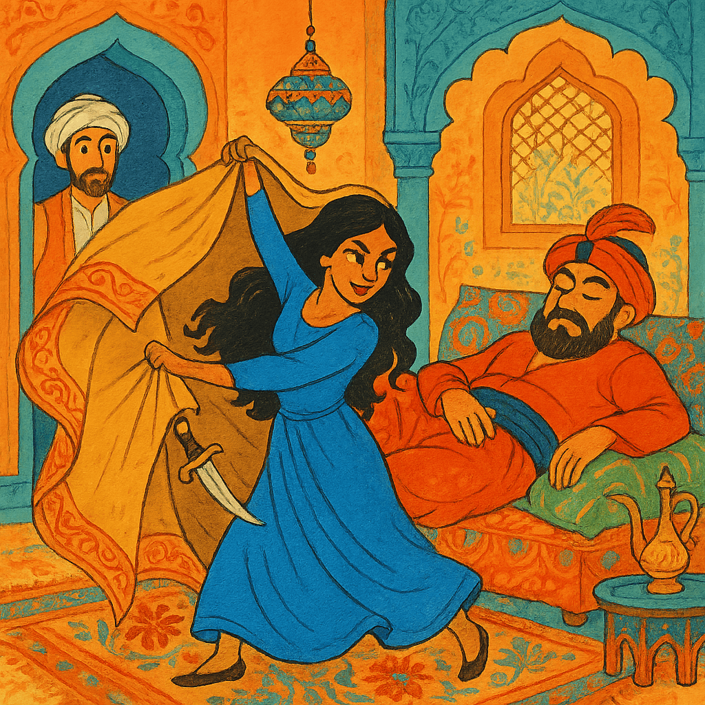 Марджана танцует с покрывалом и кинжалом перед Али-Бабой и атаманом