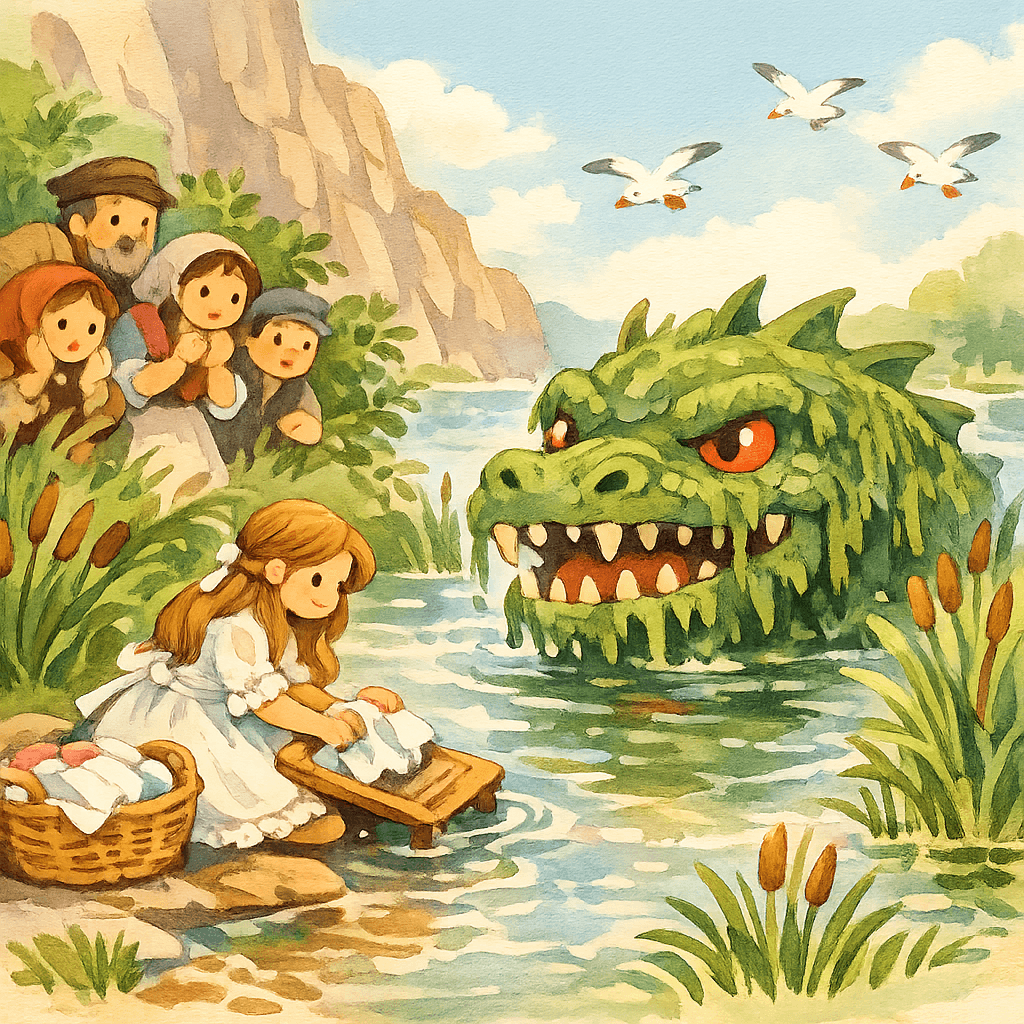 Марта стирает бельё у реки, из воды появляется голова дракона