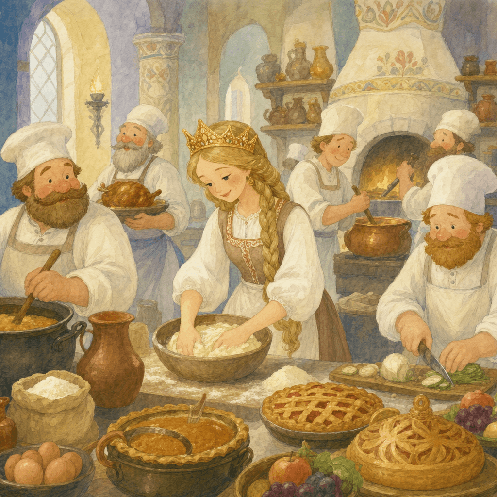 Марья-царевна работает на царской кухне, готовит пирог