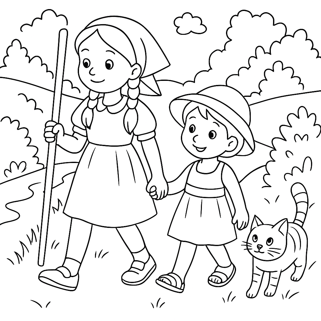 Раскраска по сказке "Как Маша и Соня нашли начало ручья"