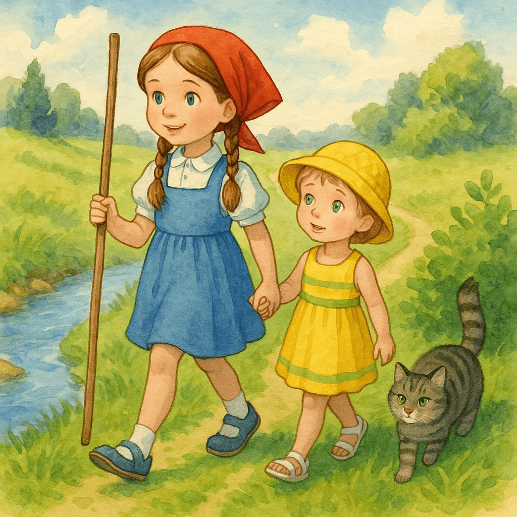 Маша и Соня с палкой идут вверх по ручью, кот спит у куста