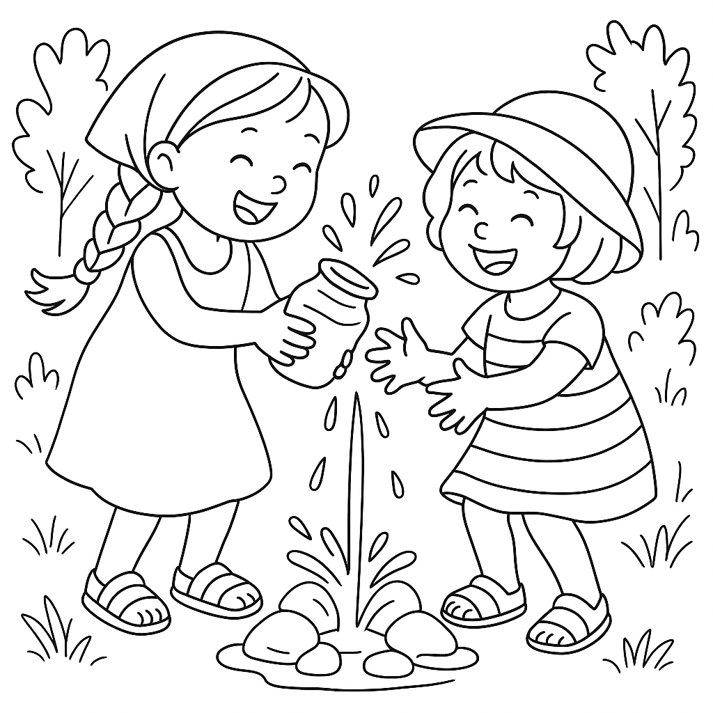 Раскраска по сказке "Как Маша и Соня нашли начало ручья"