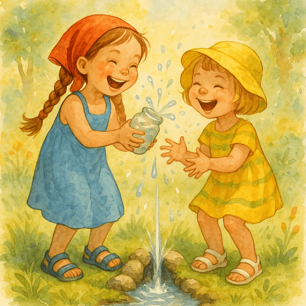 Маша и Соня улыбаются и играют у найденного родника