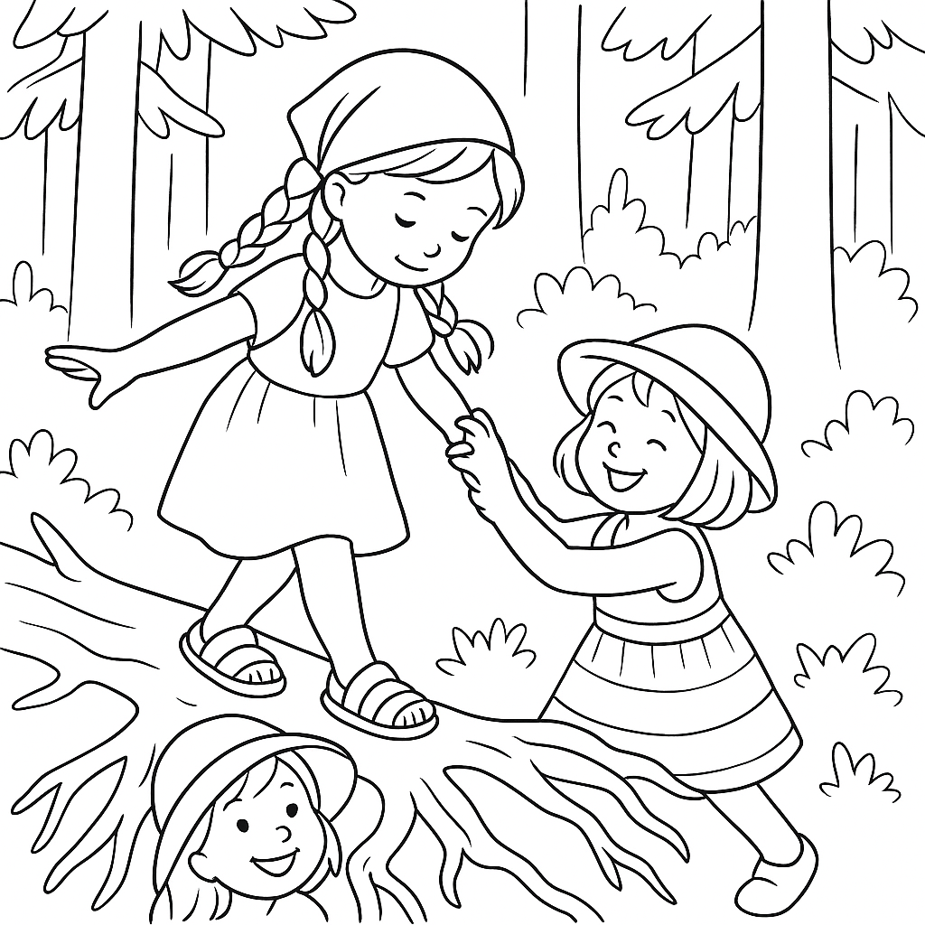 Раскраска по сказке "Как Маша и Соня нашли начало ручья"