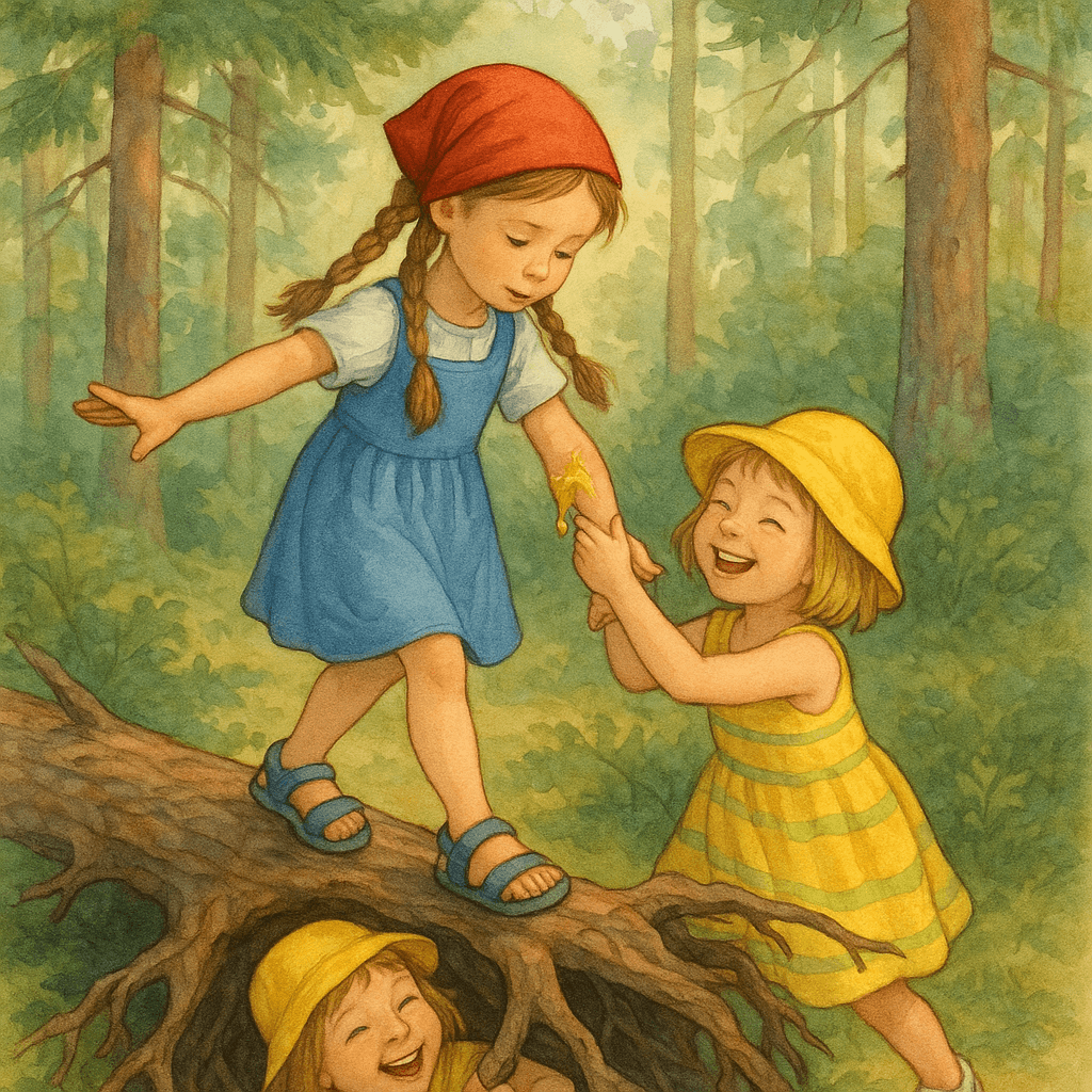 Маша прилипла к смоле на стволе сосны, Соня помогает ей отклеиться