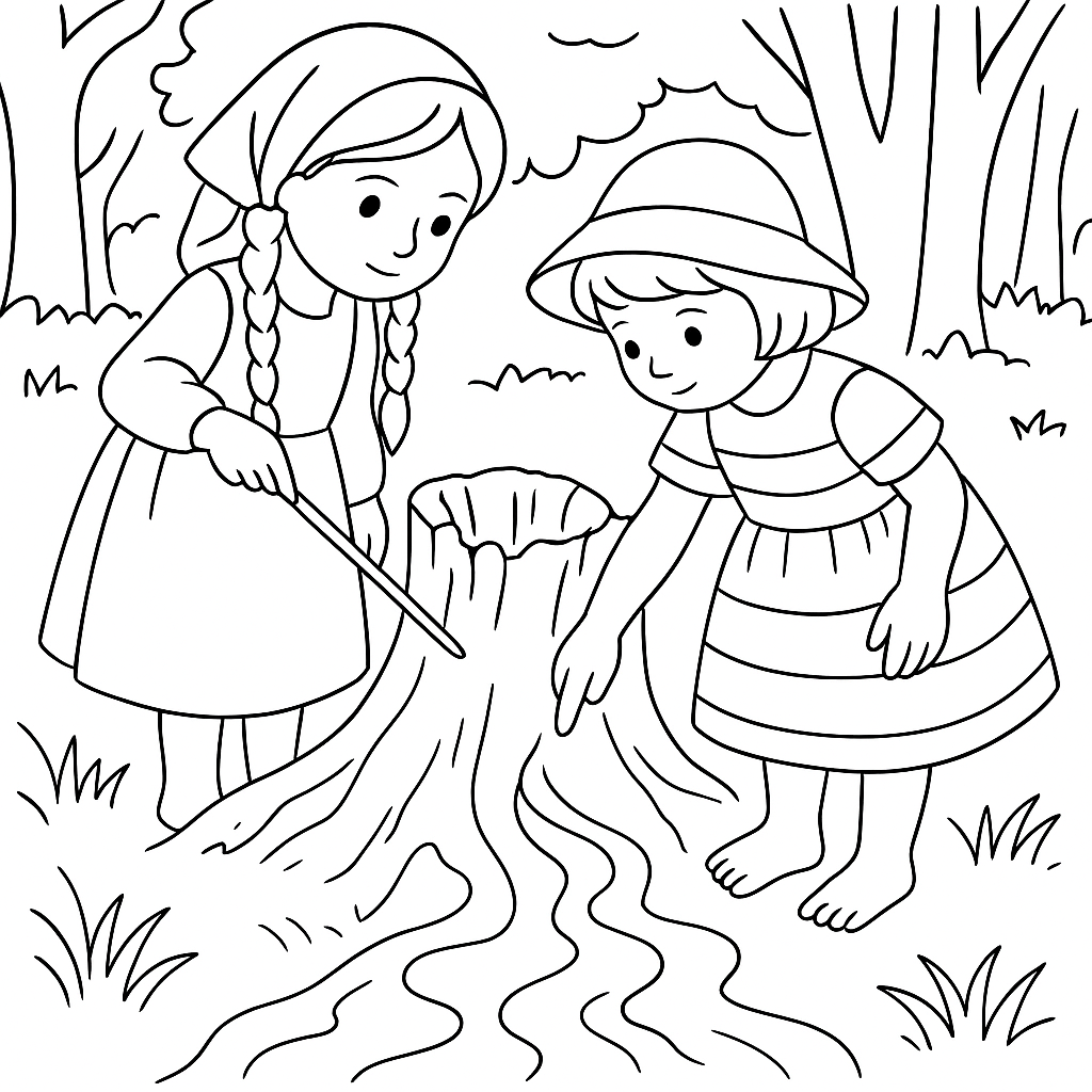 Раскраска по сказке "Как Маша и Соня нашли начало ручья"
