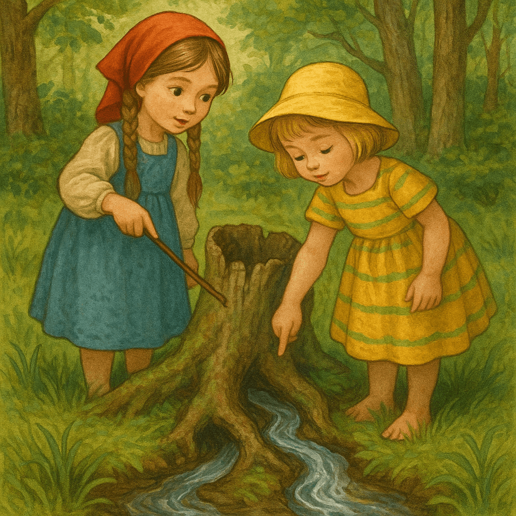 Маша и Соня исследуют разветвление ручья у старого пня