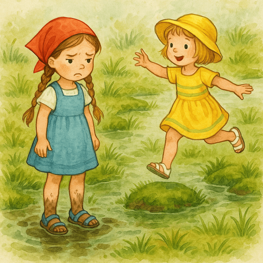 Маша в болоте, Соня прыгает по кочкам и зовёт за собой