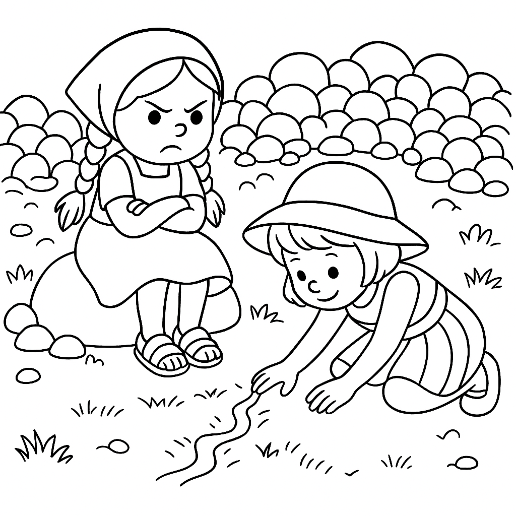 Раскраска по сказке "Как Маша и Соня нашли начало ручья"