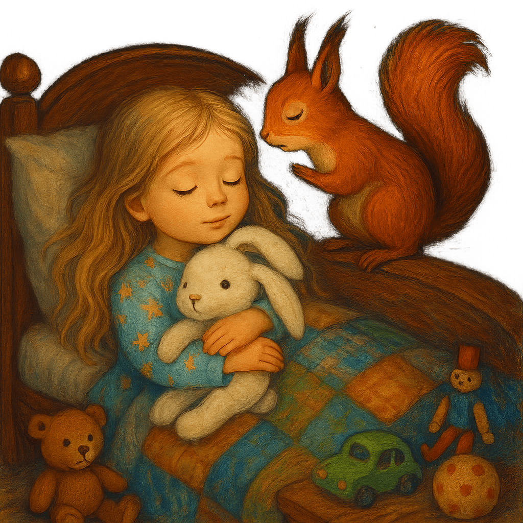 Машенька засыпает в обнимку с зайцем, белочка поет колыбельную