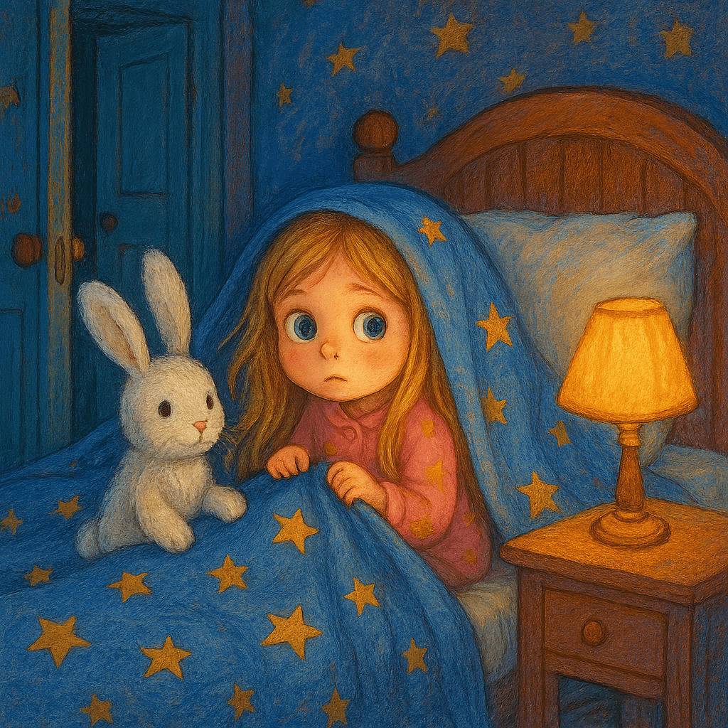 Машенька сидит в кровати, рядом мягкий заяц, полумрак в комнате