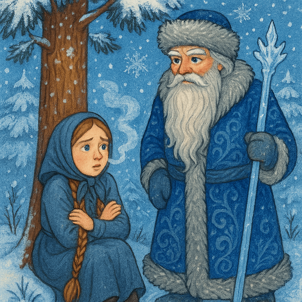 Морозко появляется у дрожащей Машеньки под снегом.