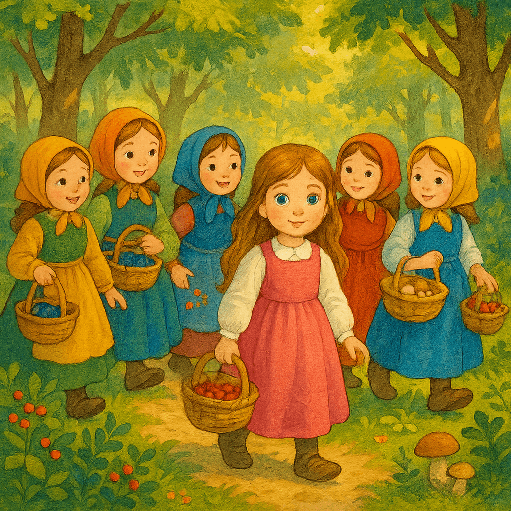 Машенька и подружки отправляются в лес собирать ягоды и грибы
