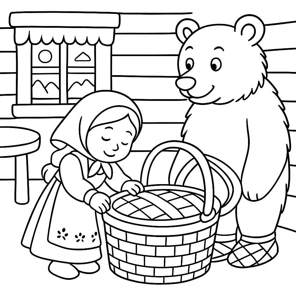 Раскраска по сказке "Машенька и Медведь"