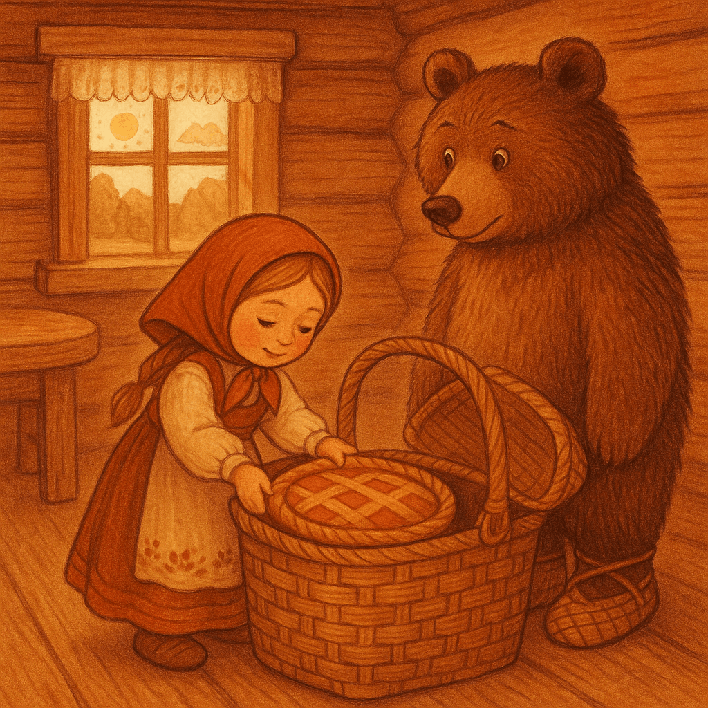Машенька кладёт пирог в корзину медведь смотрит 