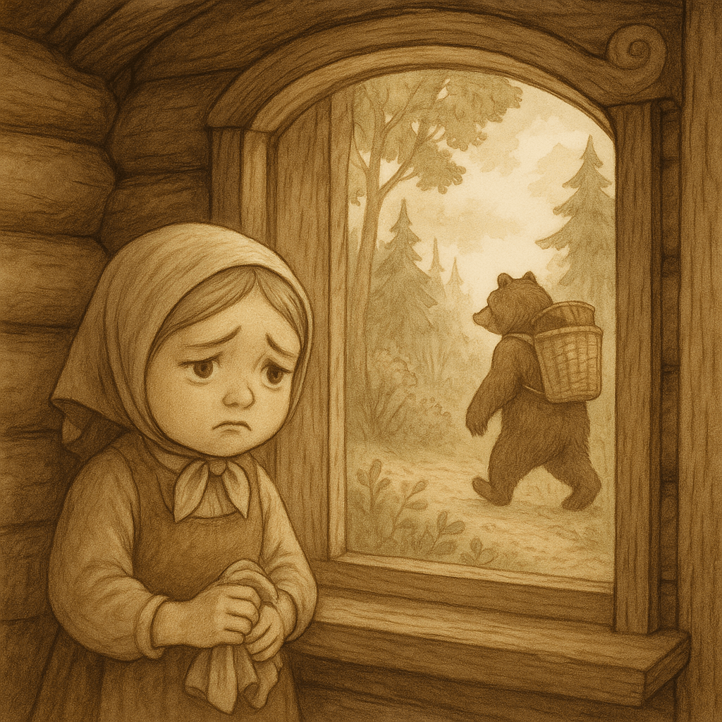 Машенька грустно смотрит в окно избушки