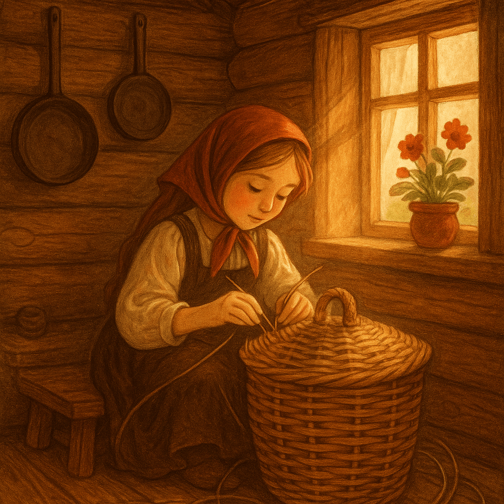 Машенька плетёт большую корзину в избушке 