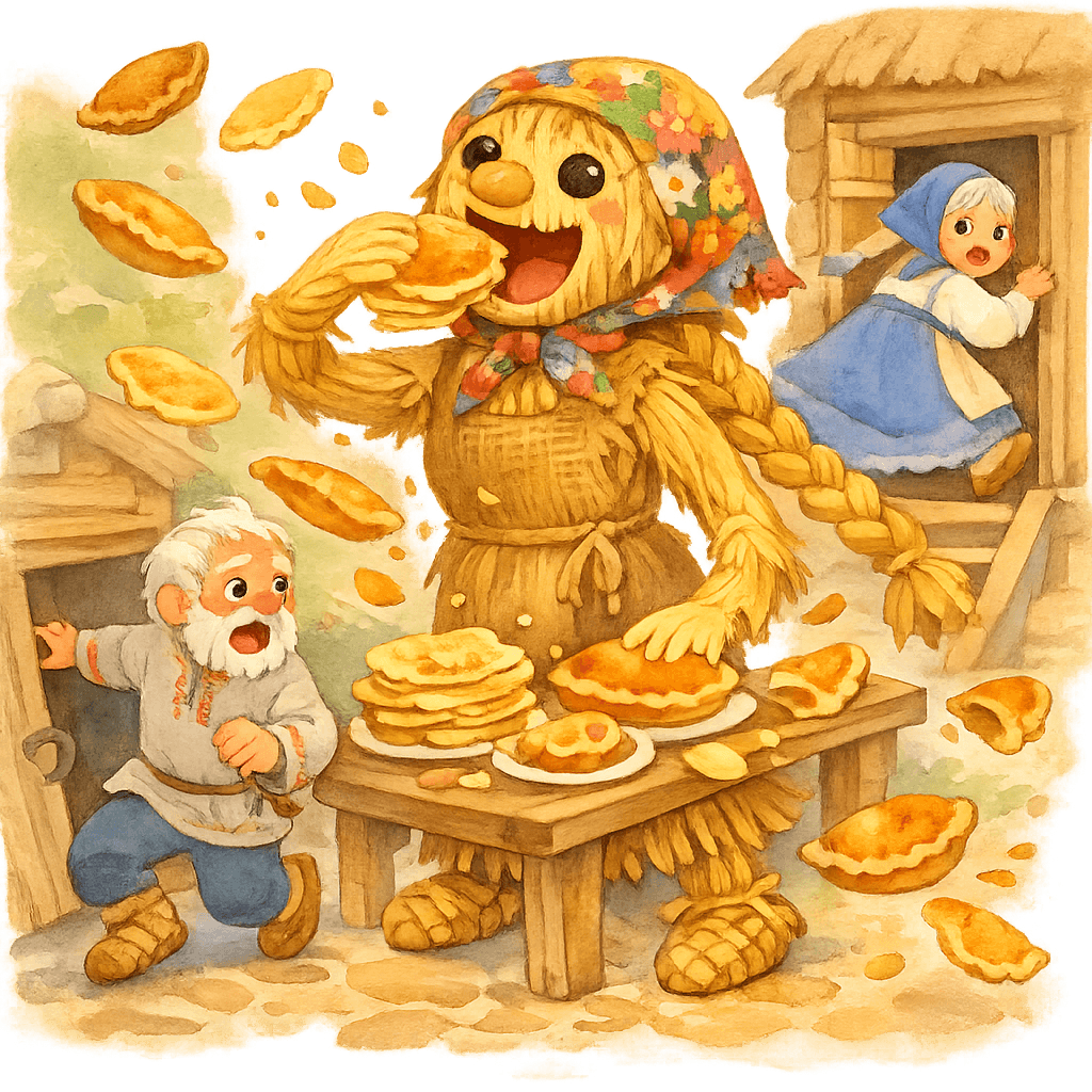 Ожившая Масленица поедает блины, старик и старуха пугаются