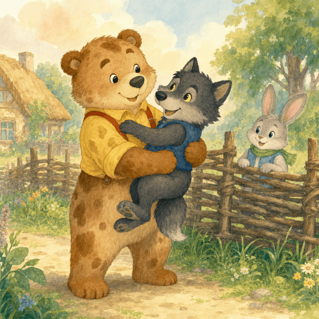 Медведь поднимает волка на лапах, за изгородью видно зайца