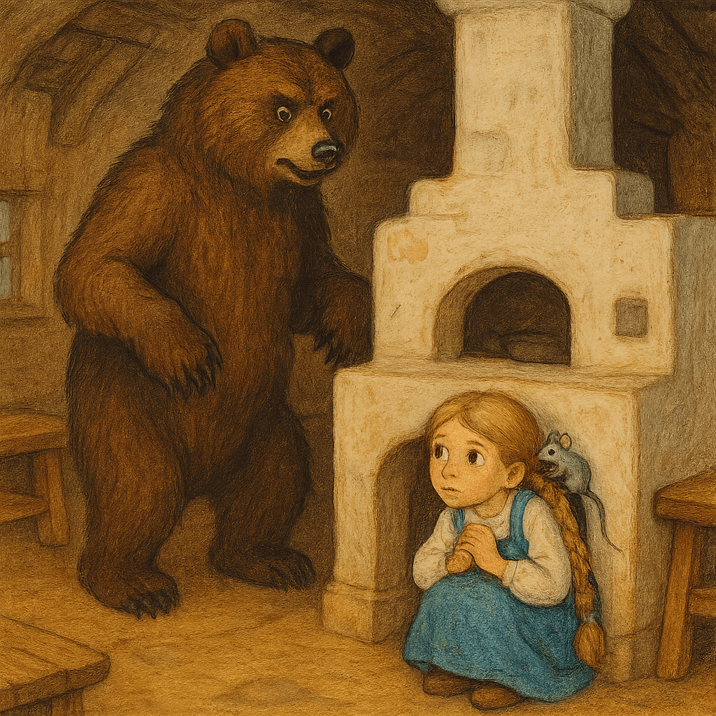 Медведь безуспешно гоняется за мышкой, девочка прячется под печкой