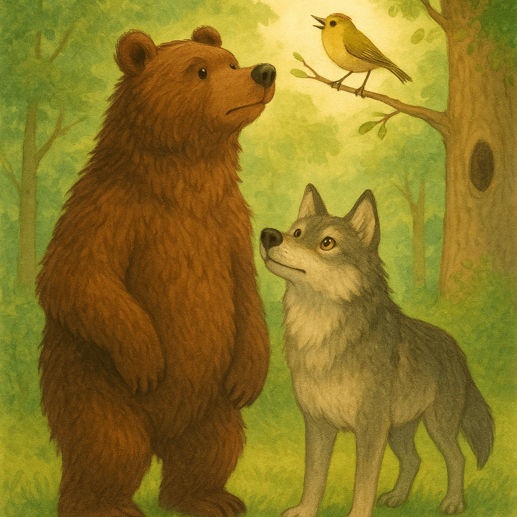 Медведь и волк стоят в лесу и смотрят на поющего королька