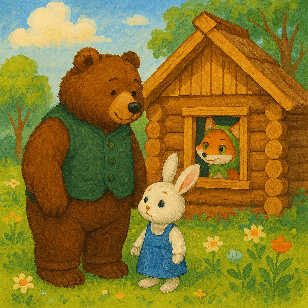 Зайчик с медведем у избушки, лиса выглядывает с печи.