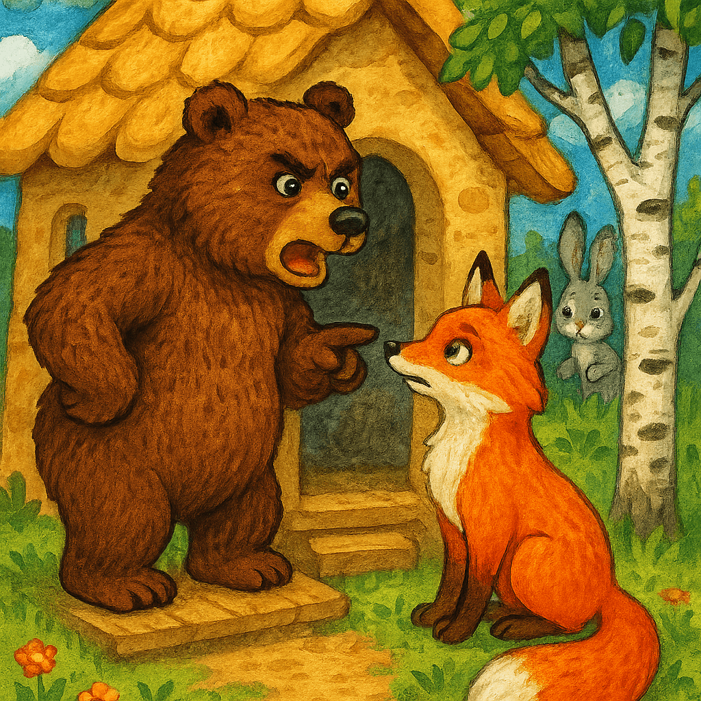 Медведь пытается выгнать лису из избушки