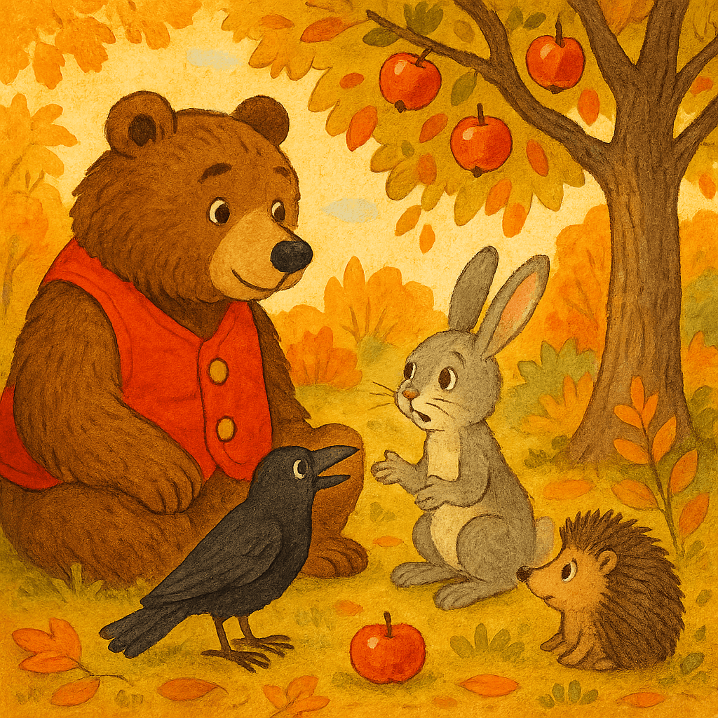 Медведь слушает спорящих Зайца, Ворону и Ёжика у дерева