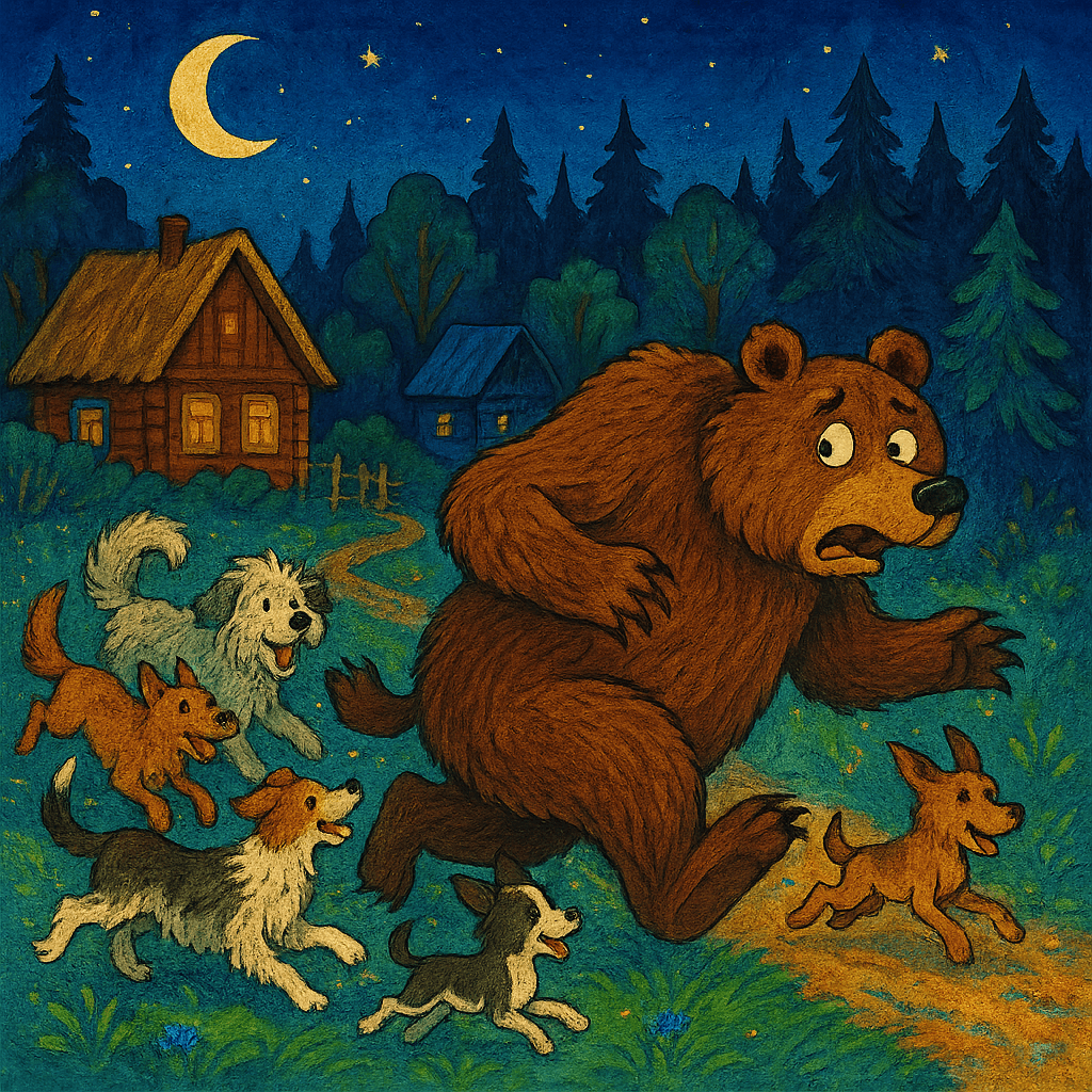 Медведь убегает от своры собак ночью.