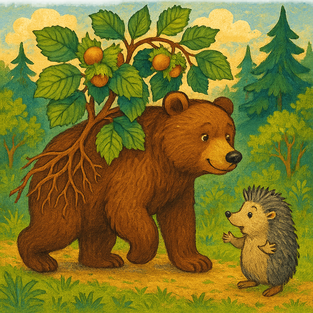Медведь несёт куст орешника, Ёжик смотрит удивлённо.