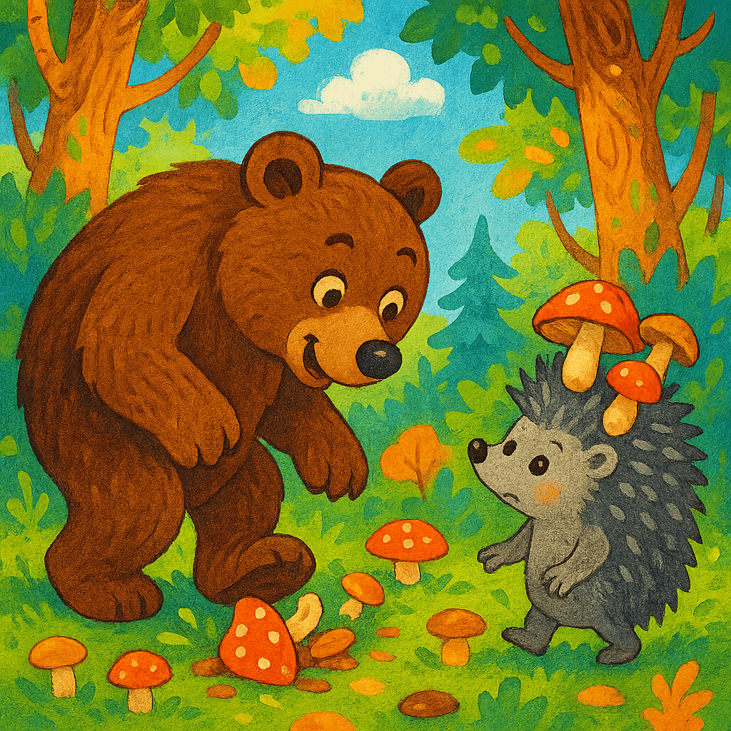 Медведь и Ёжик собирают грибы в лесу, у Ёжика грибы на иголках.