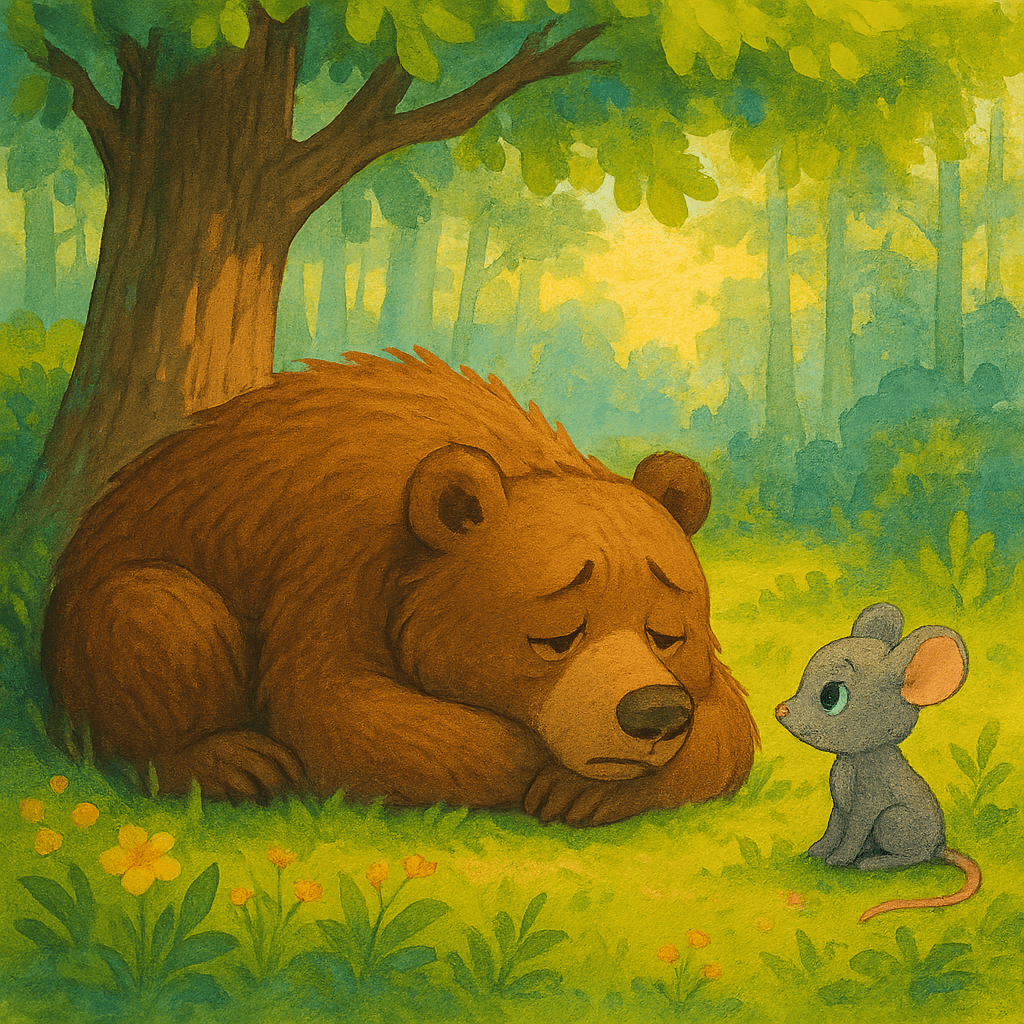 Уставший Медведь лежит под деревом, с ним Мышонок.
