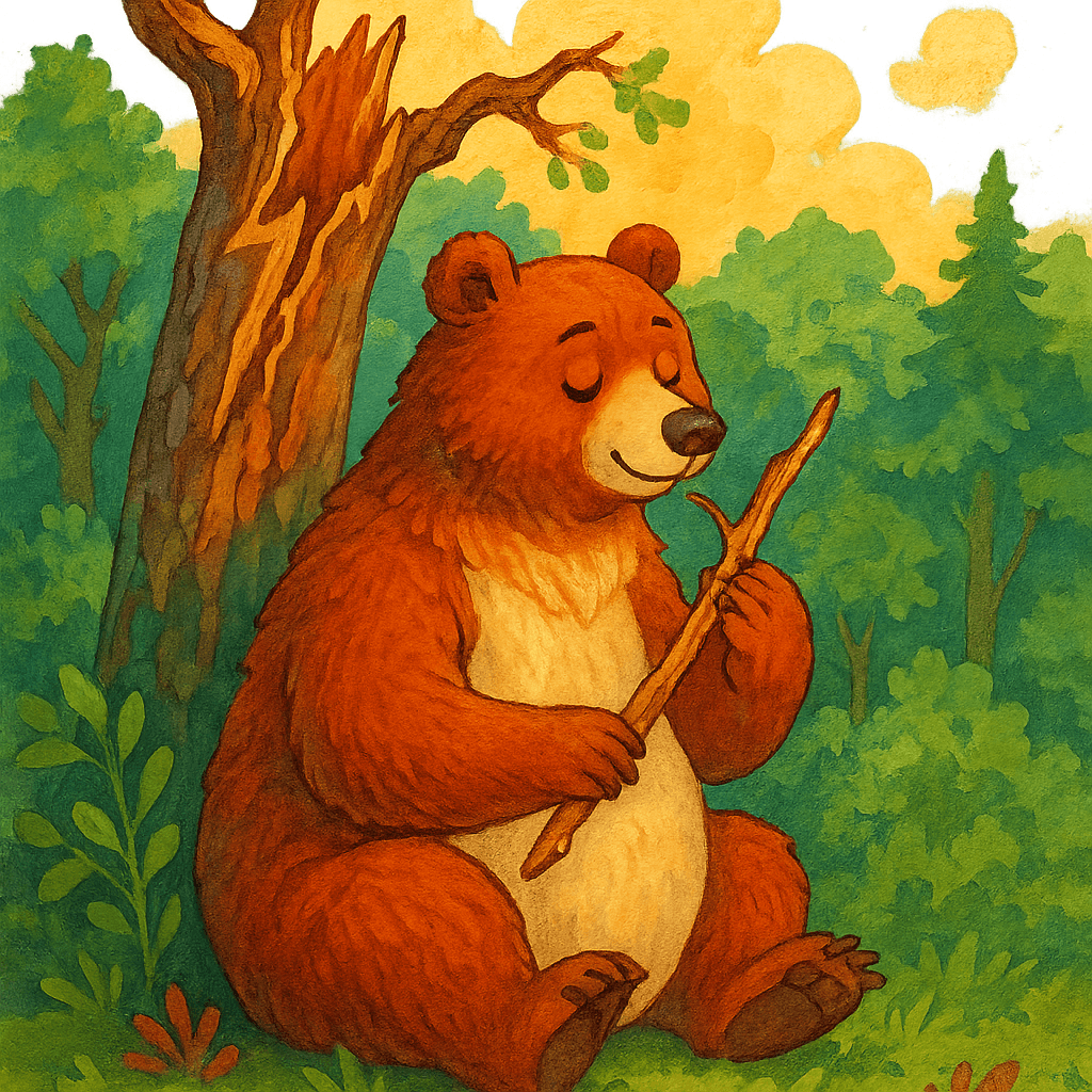 Медведь, играющий на щепке у дерева