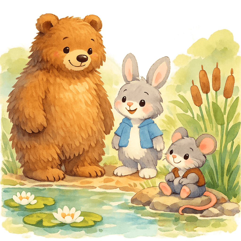 Крысёнок сидит на берегу болота, Медведь и Заяц смотрят на него