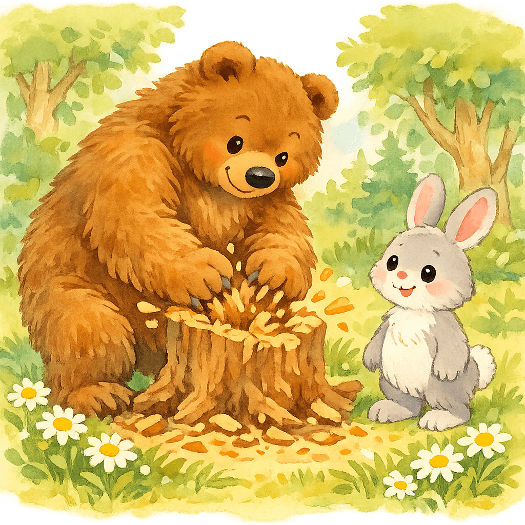 Медведь крошит пень, рядом стоит Заяц на лесной поляне