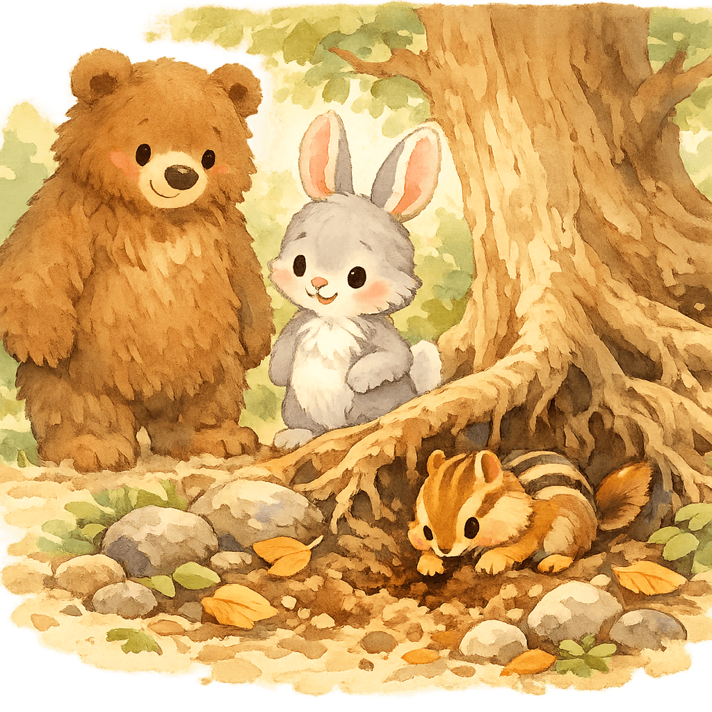 Бурундук роет нору у корней дерева, Медведь и Заяц рядом