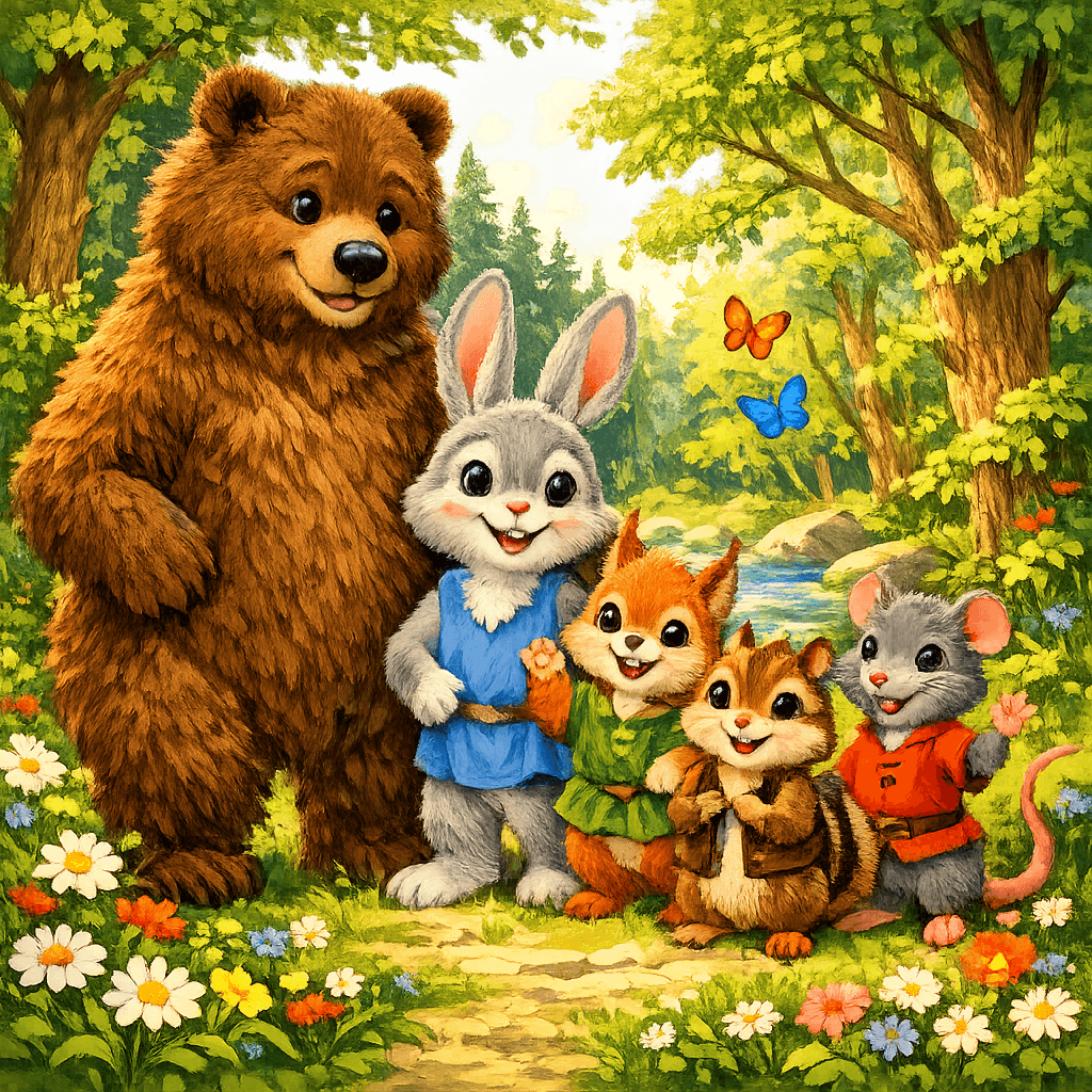 Медведь, Заяц, Бельчонок, Бурундук и Крысёнок на солнечной лесной поляне среди зелёных деревьев и цветов. Всё в стиле яркой русской детской сказки.