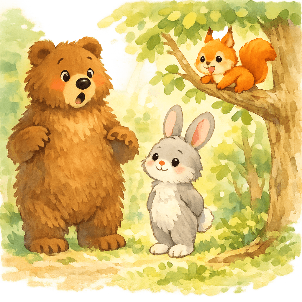 Бельчонок дразнит Медведя и Зайца в лесу