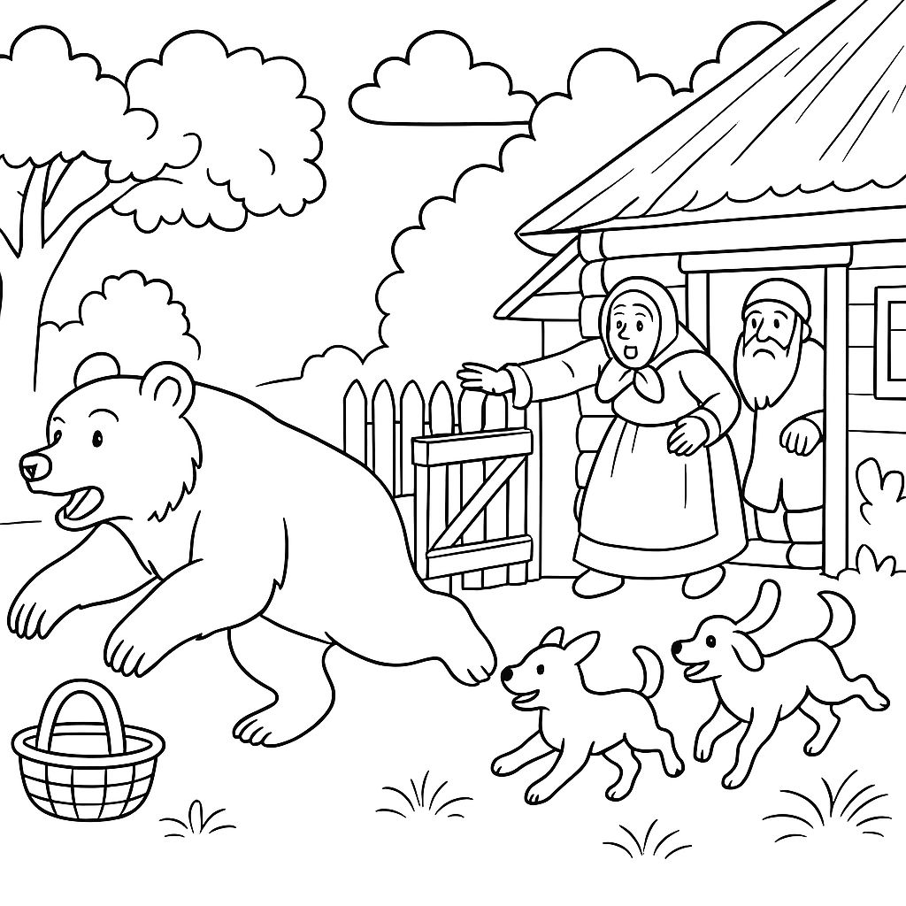 Раскраска по сказке "Машенька и Медведь"