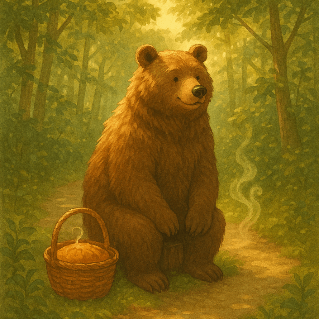 'Медведь садится на пенёк нюхает пирог из корзины' 