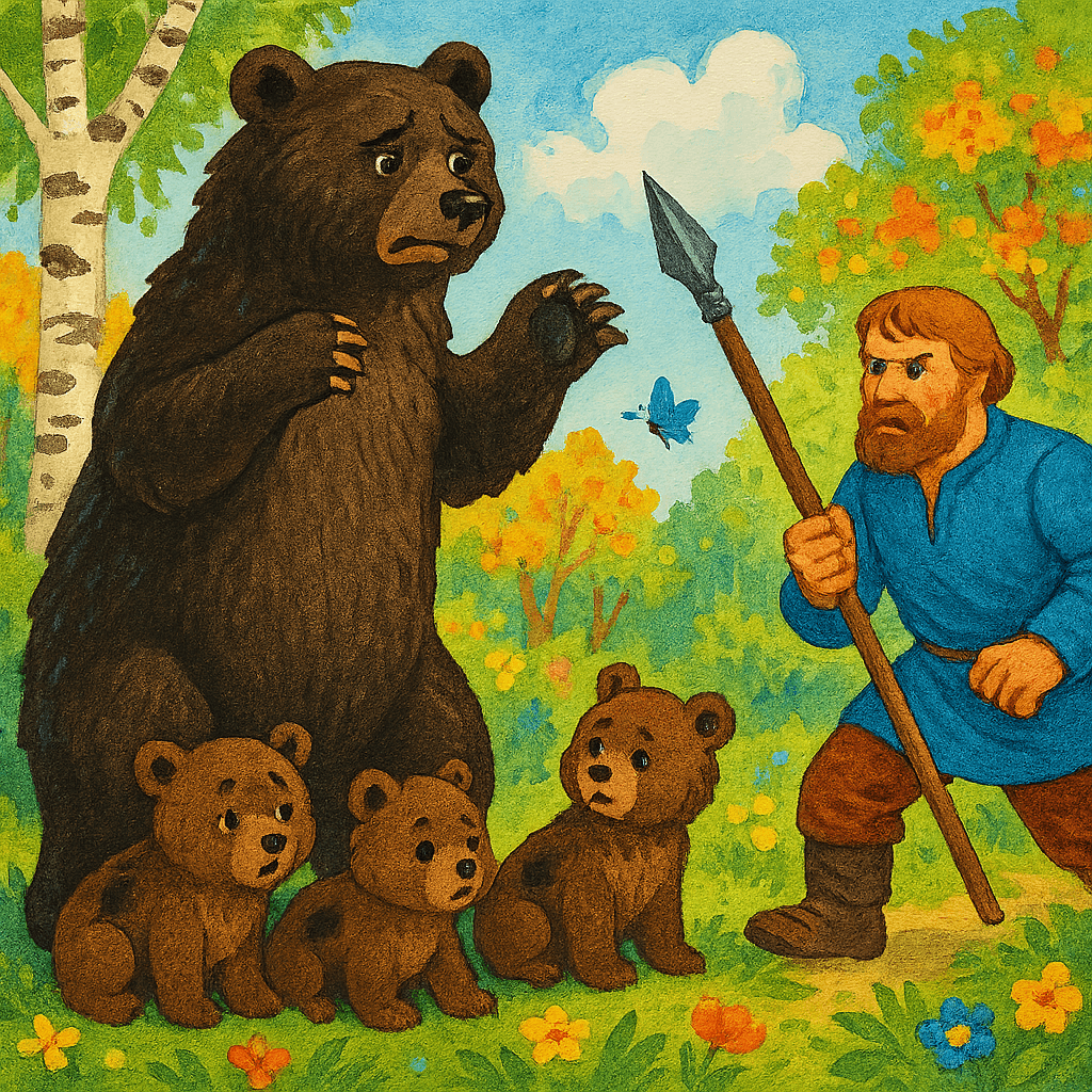 Медведиха защищает своих медвежат