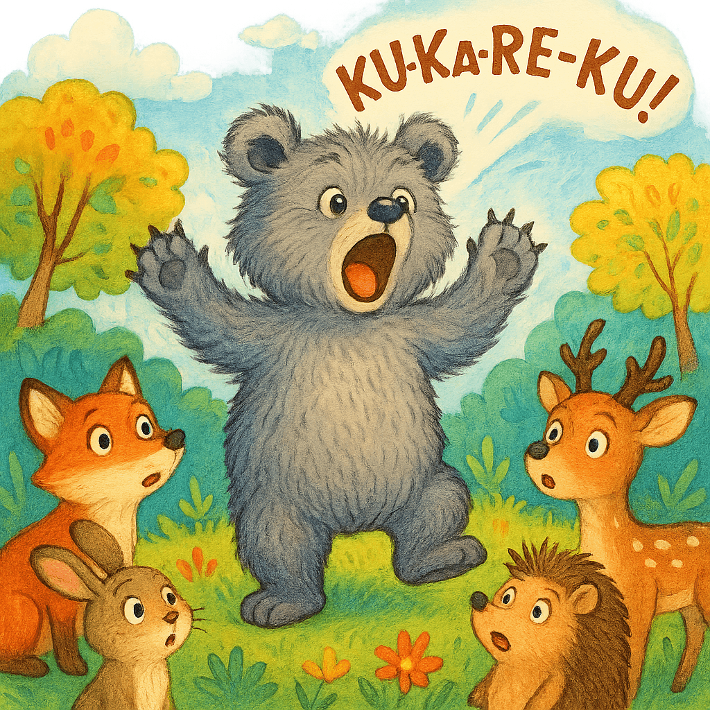 Медвежонок ревёт 'ку-ка-ре-ку' на весь лес.
