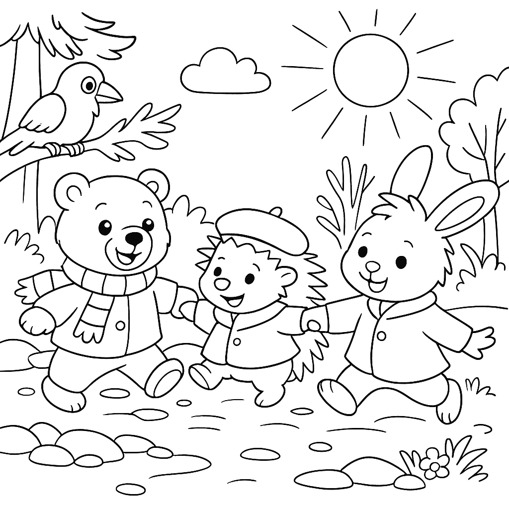 Раскраска по сказке "Как ослик, ёжик и медвежонок встретились после долгой зимы"